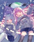  2girls :d absurdres american_flag arm_up bangs blue_hair blue_skirt earth_(planet) grey_thighhighs hair_intakes highres kotonoha_akane kotonoha_aoi light_blue_hair long_hair looking_at_viewer microa miniskirt multiple_girls open_mouth pink_eyes pink_hair planet pleated_skirt siblings sisters skirt smile spacesuit sparkle star_(sky) teeth thighhighs upper_teeth v-shaped_eyebrows voiceroid white_thighhighs zettai_ryouiki 