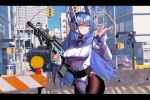  1girl armored_personnel_carrier assault_rifle blue_hair blue_sky breasts building bullet bullpup city day girls&#039;_frontline ground_vehicle gun hexagram highres himeko_(441713146) imi_tavor_tar-21 iwi_tavor jacket leotard lips long_hair medium_breasts motor_vehicle outdoors pantyhose pavement rifle road road_sign robot_ears scenery side-tie_leotard sign sky smile star_of_david street tailcoat tar-21_(girls&#039;_frontline) traffic_light weapon white_footwear white_leotard yellow_eyes 