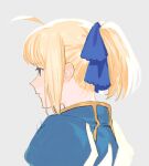  1girl ahoge alternate_hairstyle artoria_pendragon_(fate) blonde_hair blue_dress dress expressionless fate/stay_night fate_(series) from_behind from_side green_eyes hal_(haaaalhal) highres saber short_ponytail sidelocks signature solo upper_body 