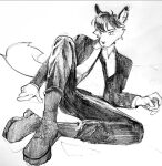  akatan_art anthro boots bottomwear canid cheek_tuft clothed clothing facial_tuft footwear front_view full-length_portrait hair jacket male mammal messy_hair monochrome mouth_closed pants portrait short_hair simple_background sketch solo spread_legs spreading suit topwear tuft 