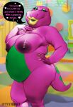  absurd_res anthro areola band1tnsfw barney_and_friends barney_the_dinosaur bedroom_eyes big_areola big_breasts breasts colored_nails crossgender detailed_background dialogue digital_drawing_(artwork) digital_media_(artwork) dinosaur english_text eyelashes eyeshadow female female_focus hand_on_chest hand_on_hip hi_res lips long_nails makeup markings nails narrowed_eyes offscreen_character offscreen_male overweight portrait reptile scalie seductive solo spots spotted_markings talking_to_viewer text thick_lips thick_thighs yellow_lips yellow_nails 