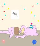  anthro arm_on_back balloon birthday birthday_hat bottomwear brown_bottomwear brown_clothing brown_shorts butt clothing confetti domestic_cat family_guy_death_pose feet felid feline felis female fur hi_res inflatable lying mammal marianne_(mew_arts) mew_arts party_game pink_body pink_fur shirt shorts simple_background solo topwear yellow_clothing yellow_shirt yellow_topwear 