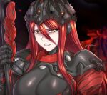  1girl armor artist_name bodysuit breasts clenched_teeth helmet holding holding_scepter holding_weapon humanization kuva_guardian_(warframe) large_breasts long_hair looking_at_viewer orange_eyes red_hair scepter shoulder_armor signature solo teeth warframe weapon zxpfer 