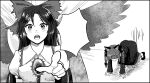  2girls all_fours animal_ears bow braid cape cat_ears foreshortening greyscale hair_bow hoshiringo0902 kaenbyou_rin long_hair looking_at_viewer monochrome multiple_girls pointing pointing_at_viewer reiuji_utsuho third_eye touhou twin_braids wings 