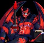  amplifier bandage bandaged_tail bandai_namco black_hair blue_sclera broken_horn bulge clothed clothing demon demon_humanoid digimon digimon_(species) electric_guitar grin guitar hair hi_res horn horned_humanoid humanoid looking_at_viewer male muscular muscular_humanoid muscular_male musical_instrument nipples not_furry one-starry-knight partially_clothed phelesmon piercing plucked_string_instrument red_body red_skin smile solo string_instrument suggestive_pose tattoo torn_clothing yellow_eyes 