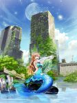  1girl :d absurdres bangs blue_eyes blue_sky breasts brown_hair building city cityscape cloud commentary_request covered_navel day elbow_gloves fins full_body gloves head_fins highres ivuki large_breasts long_hair mermaid monster_girl open_mouth original outdoors outstretched_arms overgrown reflection ruins sitting sky skyscraper smile solo upper_body water white_gloves 