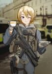  1girl absurdres alternate_costume blue_eyes blurry blurry_background braid carabiner collaboration commission cup darjeeling_(girls_und_panzer) english_commentary french_braid girls_und_panzer gloves gloves_removed grey_gloves gun h&amp;k_mp5 handgun highres holding holding_cup holster load_bearing_vest loliphilosophy looking_at_viewer medium_hair one_eye_closed overalls photo_background saucer smile solo submachine_gun teacup thigh_holster van_duck_iii weapon 