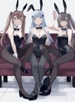  3girls :o absurdres animal_ears aqua_hair black_leotard bow bowtie breasts brown_eyes brown_hair chcn couch covered_navel detached_collar facial_mark fake_animal_ears fake_tail girls&#039;_frontline green_eyes grey_hair high_heels highres hk416_(girls&#039;_frontline) leotard long_hair looking_at_viewer medium_breasts multiple_girls one_side_up pantyhose playboy_bunny rabbit_ears rabbit_tail scar scar_across_eye scar_on_face sitting small_breasts strapless strapless_leotard tail teardrop_tattoo twintails ump45_(girls&#039;_frontline) ump9_(girls&#039;_frontline) wrist_cuffs 