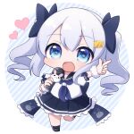  1girl :d bangs black_bow black_skirt black_socks blue_eyes blue_neckerchief bow chibi commentary_request diagonal_stripes frilled_skirt frills full_body grey_hair hair_between_eyes hair_bow hair_ornament hairclip heart highres holding holding_microphone index_finger_raised looking_at_viewer microphone neckerchief no_shoes original outstretched_arm pleated_skirt puffy_short_sleeves puffy_sleeves rensei ringlets school_uniform serafuku short_sleeves skirt smile socks solo striped striped_background twintails 