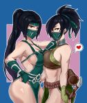  2girls absurdres akali akali_(legacy) arm_on_shoulder arm_rest b.sa_(bbbs) bare_shoulders black_hair blue_background blue_border border breast_press breasts brown_eyes cleavage crop_top dual_persona fingerless_gloves forehead_protector from_side gloves green_gloves green_mask green_ribbon groin hair_over_one_eye hair_ribbon heart highres holding holding_weapon kama_(weapon) league_of_legends long_hair looking_at_viewer looking_to_the_side mask medium_breasts midriff mouth_mask multiple_girls ninja ninja_mask no_panties pelvic_curtain ponytail ribbon rope_belt scroll_tube shiny shiny_skin short_ponytail sickle side_slit sidelocks spoken_heart symmetrical_docking weapon 