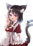  1girl :d animal_ears black_hair blue_eyes breasts cat_ears cat_girl cat_tail dress fang gradient_hair heterochromia highres indie_virtual_youtuber maid medium_breasts multicolored_hair multiple_tails nukota_natsuna puffy_short_sleeves puffy_sleeves red_dress red_eyes sese_nagi short_hair short_sleeves skin_fang smile tail transparent_background two_tails v virtual_youtuber white_hair 