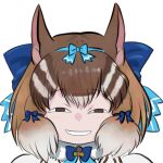  1girl aburaeoyaji animal_costume animal_ear_fluff animal_ears anya&#039;s_heh_face_(meme) bow bowtie brown_eyes brown_hair chipmunk_costume chipmunk_ears chipmunk_girl extra_ears kemono_friends kemono_friends_v_project looking_at_viewer meme microphone multicolored_hair open_mouth parody ribbon scarf shirt short_hair siberian_chipmunk_(kemono_friends) simple_background smile solo spy_x_family vest virtual_youtuber 