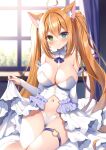  1girl ahoge animal_ear_fluff animal_ears bangs bare_shoulders blue_eyes blurry blurry_background blush breasts bridal_garter brown_hair cat_ears cleavage closed_mouth commentary_request curtains depth_of_field feet_out_of_frame green_eyes hair_between_eyes heterochromia indoors large_breasts looking_at_viewer mauve multicolored_hair navel original smile solo streaked_hair twintails white_hair window 