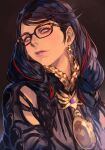  1girl bayonetta bayonetta_(series) bayonetta_3 black_hair braid earrings eyeshadow glasses gloves hungry_clicker jewelry lipstick long_hair looking_at_viewer makeup mole mole_under_mouth multicolored_hair red_hair ribbon simple_background smile solo streaked_hair twin_braids 