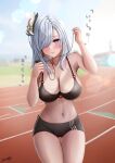  1girl absurdres bangs bikini bikini_top_only black_bikini black_buruma blue_eyes blurry blurry_background breasts buruma cleavage collarbone day earphones earrings genshin_impact hair_ornament hair_over_one_eye highres holding jewelry large_breasts long_bangs looking_at_viewer navel nori_chazuke outdoors parted_lips running_track shenhe_(genshin_impact) signature smile solo speech_bubble sports_bikini sunlight sweat swimsuit tassel tassel_earrings track_and_field 