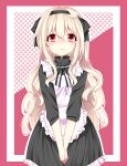  1girl alternate_costume apron bangs black_dress black_hairband black_ribbon blush border collared_dress dotted_background dress frilled_apron frilled_dress frills hair_between_eyes hair_ornament hair_ribbon hairband highres kagerou_project kozakura_marry long_hair looking_up mekakucity_actors nervous nervous_smile outside_border own_hands_together pink_background red_eyes ribbon sensiye sleeves_past_elbows smile striped striped_ribbon tareme two-tone_background white_apron white_border white_hair 