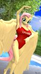 3d_(artwork) anthro anthrofied big_breasts breasts digital_media_(artwork) equid equine feathers female fluttershy_(mlp) friendship_is_magic hair hasbro hi_res lifeguard_swimsuit mammal my_little_pony pegasus pink_hair rekinek5-7 solo swimming_pool wings yellow_body yellow_feathers 