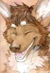  akatan_art anthro brown_body brown_fur brown_hair bust_portrait canid canine canis cheek_tuft domestic_dog eyes_closed facial_tuft front_view fur hair happy hi_res male mammal messy_hair neck_tuft nude open_mouth open_smile portrait short_hair signature simple_background smile solo tuft white_body white_fur 