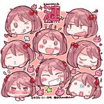  1girl blush closed_eyes commentary_request expressions grin hair_bobbles hair_ornament head_only izumiyamisono kantai_collection looking_at_viewer multiple_views nose_blush o3o one_eye_closed open_mouth pink_eyes pink_hair rabbit sazanami_(kancolle) short_hair smile surprised tongue tongue_out translation_request twintails 