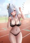  1girl absurdres bangs bikini black_bikini blue_eyes blurry blurry_background breasts cleavage collarbone day earphones earrings genshin_impact hair_ornament hair_over_one_eye highres holding jewelry large_breasts long_bangs looking_at_viewer navel nori_chazuke outdoors parted_lips running_track shenhe_(genshin_impact) signature smile solo speech_bubble sports_bikini sunlight sweat swimsuit tassel tassel_earrings track_and_field 