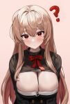  1girl ? absurdres between_breasts black_shirt blonde_hair bow bowtie breasts cleavage cleavage_cutout clothing_cutout fakey highres large_breasts long_hair long_sleeves looking_at_viewer original raised_eyebrow red_eyes shirt simple_background solo upper_body 