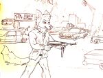  80&#039;s_theme absurd_res anthro canid canine car city city_background cityscape gun hi_res holding_object holding_weapon male mammal ranged_weapon solo submachine_gun vehicle weapon wolfyalex96 