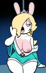  absurd_res anthro areola black_background blonde_hair blue_background blue_clothing blue_dress breasts clothing crown dress eyelashes eyes_closed featureless_hands female fur hair hi_res lagomorph leporid long_hair lovetopullmicke mammal mario_plus_rabbids_sparks_of_hope nipples one_breast_out open_mouth pink_areola pink_body pink_fur pink_nipples rabbid rabbid_rosalina rabbit raving_rabbids rayman_(series) short_stack simple_background solo thick_thighs ubisoft video_games wardrobe_malfunction white_body white_fur wide_hips yawn 