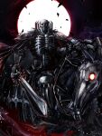  1boy armor berserk commentary commentary_request glowing glowing_eyes highres holding holding_sword holding_weapon horse horseback_riding looking_at_viewer male_focus nankou_(koutanan) riding shoulder_armor signature skeleton skeleton_horse skull_knight_(berserk) sword sword_of_resonance weapon 