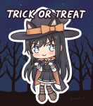  absurdres animal_ears asashio_(kancolle) black_hair black_serafuku blue_eyes cape cat_ears chibi gloves halloween hat highres kantai_collection konato_k long_hair long_sleeves night night_sky school_uniform serafuku sky smile striped striped_thighhighs thighhighs tree_shade white_gloves witch_hat 