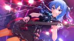  1girl blue_eyes blue_hair breasts commentary_request electric_guitar grin guitar hololive hoshimachi_suisei instrument jewelry lights microphone_stand mikami_(mcm_ncb) music neck_ribbon official_alternate_costume official_art orange_nails orange_pantyhose pantyhose playing_instrument ribbon ring scrunchie small_breasts smile solo star_(symbol) star_in_eye symbol_in_eye teeth thigh_strap virtual_youtuber wrist_scrunchie 