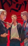  3boys ahoge axis_powers_hetalia baseball_bat belt black_hoodie blonde_hair blue_eyes bubble_blowing character_name chest_hair chewing_gum delinquent gakuran green_eyes grey_pants hawaiian_shirt highres holding holding_baseball_bat hood hood_up hoodie jacket looking_at_viewer male_focus middle_finger multiple_boys open_clothes open_jacket pants pectorals red_background school_uniform shirt short_sleeves smile smoking zhongerweiyuan 