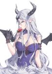  1girl :p absurdres bare_shoulders black_gloves blue_eyes breasts cleavage commentary commission demon_horns demon_wings dress food gloves grey_hair hand_up highres holding holding_food horns kitada_mo large_breasts long_hair original pointy_ears purple_dress simple_background solo symbol-only_commentary tongue tongue_out upper_body very_long_hair white_background wings 