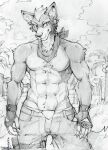  abs akatan_art anthro arm_tuft cheek_tuft chest_tuft closed_smile clothed clothing facial_tuft fangs fox_mccloud front_view greyscale hair hi_res looking_at_viewer male monochrome mouth_closed muscular muscular_anthro muscular_male navel neck_tuft nintendo outside palm_tree pecs plant portrait short_hair shoulder_tuft signature solo standing star_fox three-quarter_portrait topless tree tuft video_games 