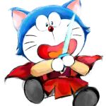  1:1 2022 anthro blue_body blue_fur clothed clothing domestic_cat doraemon doraemon_(character) felid feline felis fur holding_object holding_weapon machine male mammal melee_weapon mt_tg open_mouth red_nose robot shaded simple_background solo sword tongue weapon whiskers white_background white_body white_fur 
