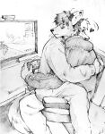  &lt;3 akatan_art anthro blush bottomwear canid chair cheek_tuft clothed clothing controller duo embrace facial_tuft furniture game_controller gaming greyscale hoodie hug male mammal monitor monochrome mouth_closed neck_tuft on_chair on_lap pants playing_videogame playstation playstation_controller side_view sitting sony_corporation sony_interactive_entertainment topwear tuft unsigned video_games 