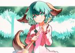  1girl animal_ears blush broom closed_mouth dog_ears dog_tail dress frilled_dress frills green_eyes green_hair highres holding holding_broom kasodani_kyouko long_sleeves looking_at_viewer pink_dress qqqrinkappp short_hair smile solo tail touhou traditional_media upper_body 