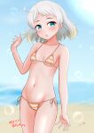  1girl ahoge ame-san bikini blonde_hair blue_eyes blurry blurry_background breasts gradient_hair highres kantai_collection multicolored_hair natsugumo_(kancolle) navel short_hair side-tie_bikini_bottom small_breasts solo standing string_bikini striped striped_bikini swimsuit white_hair 