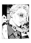  1boy animal_print blood blood_on_clothes collared_shirt goggles greyscale highres jujutsu_kaisen leopard_print looking_at_viewer male_focus monochrome nanami_kento necktie parted_lips portrait shinou_ryou shirt short_hair solo 