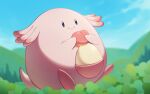  blurry chansey closed_mouth commentary_request day egg happy holding naoki_eguchi no_humans outdoors pokemon pokemon_(creature) sitting sky smile solo 