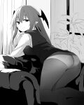  1girl ass bangs breasts couch curtains demon_wings feet_out_of_frame greyscale hair_between_eyes hand_up head_wings highres indoors kamukamu_(ars) kneeling koakuma large_breasts long_hair long_sleeves looking_at_viewer monochrome no_pants no_shoes panties panties_under_pantyhose pantyhose plant pointy_ears sidelocks smile solo thighs touhou underwear vest wings 
