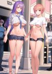  2girls absurdres areola_slip bare_legs black_shorts black_skirt blue_eyes blue_necktie breasts city closed_mouth collared_shirt crop_top crop_top_overhang day exhibitionism feet_out_of_frame go-toubun_no_hanayome hair_ornament hairclip highres holding_hands kaer_sasi_dianxia lamppost large_breasts long_hair microskirt multiple_boys multiple_girls nakano_ichika navel necktie nervous_smile no_bra no_panties open_fly original outdoors people pink_hair pleated_skirt public_indecency purple_hair pussy shirt short_hair short_sleeves shorts signature skirt smile standing stomach sweat uncensored underboob upskirt very_long_hair white_shirt yellow_eyes 