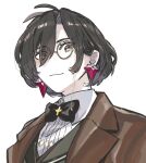  1boy black_bow black_bowtie black_hair bow bowtie brown_eyes brown_jacket collared_shirt constantine_xi_(fate) earrings fate/grand_order fate_(series) green_vest hair_between_eyes huzishiro jacket jewelry looking_at_viewer male_focus monocle official_alternate_costume shirt short_hair simple_background smile solo upper_body vest white_background white_shirt 
