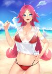  1girl absurdres ahoge bikini blue_eyes breasts cleavage collarbone commentary_request fate/grand_order fate_(series) hand_on_hip highres kyoken large_breasts long_hair midriff navel red_bikini red_hair scar scar_on_face see-through see-through_shirt shirt solo swimsuit t-shirt tied_shirt very_long_hair wet wet_clothes wet_shirt white_shirt 