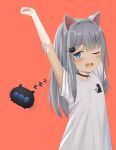  1girl absurdres animal_ears animal_print cat_ears cat_girl cat_print creature dalian_(wlals088) grey_hair highres indie_virtual_youtuber long_hair looking_at_viewer nachoneko orange_background shirt short_sleeves simple_background sleepy stretched_limb stretching virtual_youtuber white_shirt zzz 