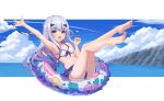  1girl bangs bare_shoulders bikini blue_sky blush breasts brown_eyes fairy_knight_lancelot_(fate) fate/grand_order fate_(series) forked_eyebrows hoodier innertube long_hair looking_at_viewer navel open_mouth sidelocks sky small_breasts smile solo swimsuit white_bikini white_hair 