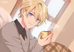  1boy black_shirt blanket blonde_hair blue_eyes collared_shirt cup dutch_angle grey_sweater hair_between_eyes highres holding holding_cup holostars kishido_temma looking_at_viewer male_focus mug plaid shirt short_hair smile solo steam sweater tsukky v-neck virtual_youtuber window 