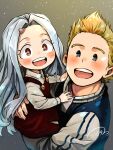  1boy 1girl :d artist_name blonde_hair blue_eyes blue_hair blue_stripes blush blush_stickers boku_no_hero_academia carrying carrying_person child_carry collared_shirt cowlick double_vertical_stripe dress dress_shirt ear_blush eri_(boku_no_hero_academia) female_child forehead gradient gradient_background hand_on_another&#039;s_back hands_on_another&#039;s_chest happy highres horns hug jacket light_blue_hair long_hair looking_at_viewer mullet no_sclera open_mouth pinafore_dress rechain red_dress red_eyes shirt sidelocks signature single_horn sitting_on_arm smile teeth togata_mirio upper_body upper_teeth white_shirt 