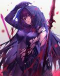  1girl contrapposto fate/grand_order fate_(series) flower head_tilt hiro_(hirohiro_gorira) long_hair parted_lips petals polearm purple_hair red_eyes scathach_(fate) simple_background skin_tight skindentation solo spear torn_clothes veil weapon white_background 