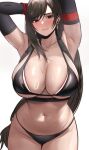  1girl absurdres alternate_breast_size armpits arms_behind_head arms_up artist_name bangs bikini black_bikini black_hair breasts cleavage closed_mouth curvy dangle_earrings earrings edmun elbow_gloves final_fantasy final_fantasy_vii final_fantasy_vii_remake furrowed_brow gloves groin highres huge_breasts jewelry long_hair low-tied_long_hair navel red_eyes red_gloves simple_background solo stomach suspenders sweat swept_bangs swimsuit tifa_lockhart very_long_hair white_background 