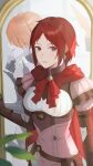  2girls breasts cape closed_mouth dress e5nf8v fire_emblem fire_emblem:_three_houses fire_emblem_warriors:_three_hopes gloves highres kronya_(fire_emblem) long_hair long_sleeves looking_at_viewer mirror monica_von_ochs multiple_girls official_alternate_costume official_alternate_hairstyle red_eyes red_hair short_hair simple_background smile upper_body 